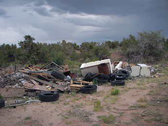 Trash clutters the landscape near the side of a road near Burntwater Tuesday. The community has spearheaded an effort to clean up trash in the area. © 2011 Gallup Independent / Brian Leddy